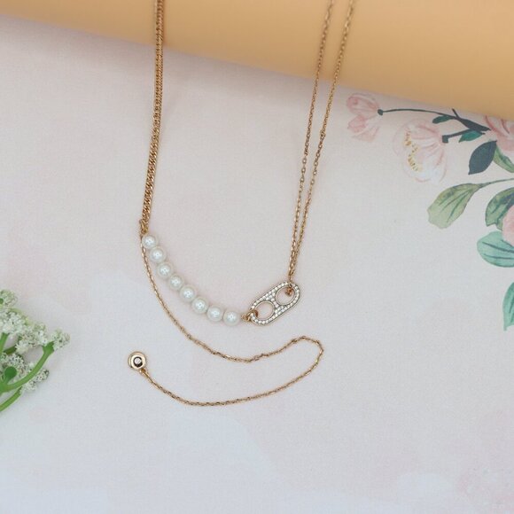 "Rose Gold Layered Pearl Necklace with Elegant Detailing, XPNL0162 - Picture 1 of 12